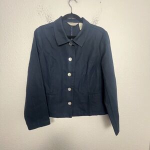 Orvis Jacket Womens 12 Navy Blue Linen Chambray Lined Button Front Streetwear
